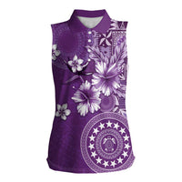Cook Islands Women Sleeveless Polo Shirt Purple Hibiscus And Stars LT05 Female Purple - Polynesian Pride
