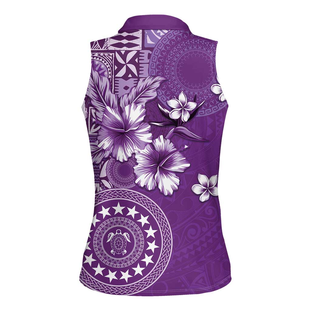 Cook Islands Women Sleeveless Polo Shirt Purple Hibiscus And Stars LT05 - Polynesian Pride
