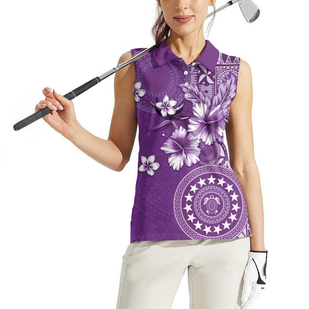 Cook Islands Women Sleeveless Polo Shirt Purple Hibiscus And Stars LT05 - Polynesian Pride
