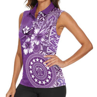 Cook Islands Women Sleeveless Polo Shirt Purple Hibiscus And Stars LT05 - Polynesian Pride