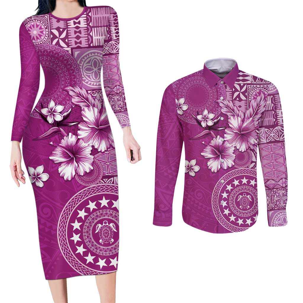 Cook Islands Couples Matching Long Sleeve Bodycon Dress and Long Sleeve Button Shirt Fandango Hibiscus And Stars LT05 Fandango - Polynesian Pride