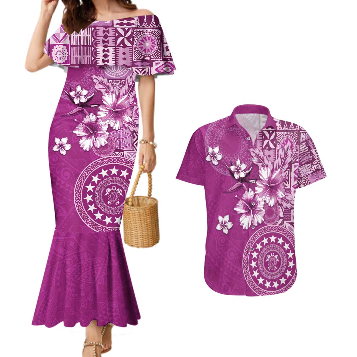 Cook Islands Couples Matching Mermaid Dress and Hawaiian Shirt Fandango Hibiscus And Stars LT05 Fandango - Polynesian Pride