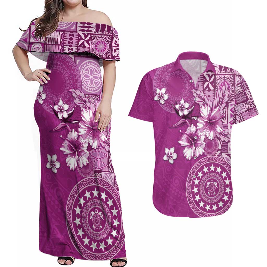 Cook Islands Couples Matching Off Shoulder Maxi Dress and Hawaiian Shirt Fandango Hibiscus And Stars LT05 Fandango - Polynesian Pride