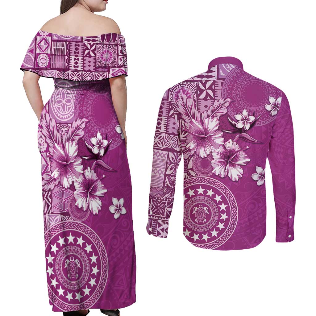 Cook Islands Couples Matching Off Shoulder Maxi Dress and Long Sleeve Button Shirt Fandango Hibiscus And Stars LT05 - Polynesian Pride