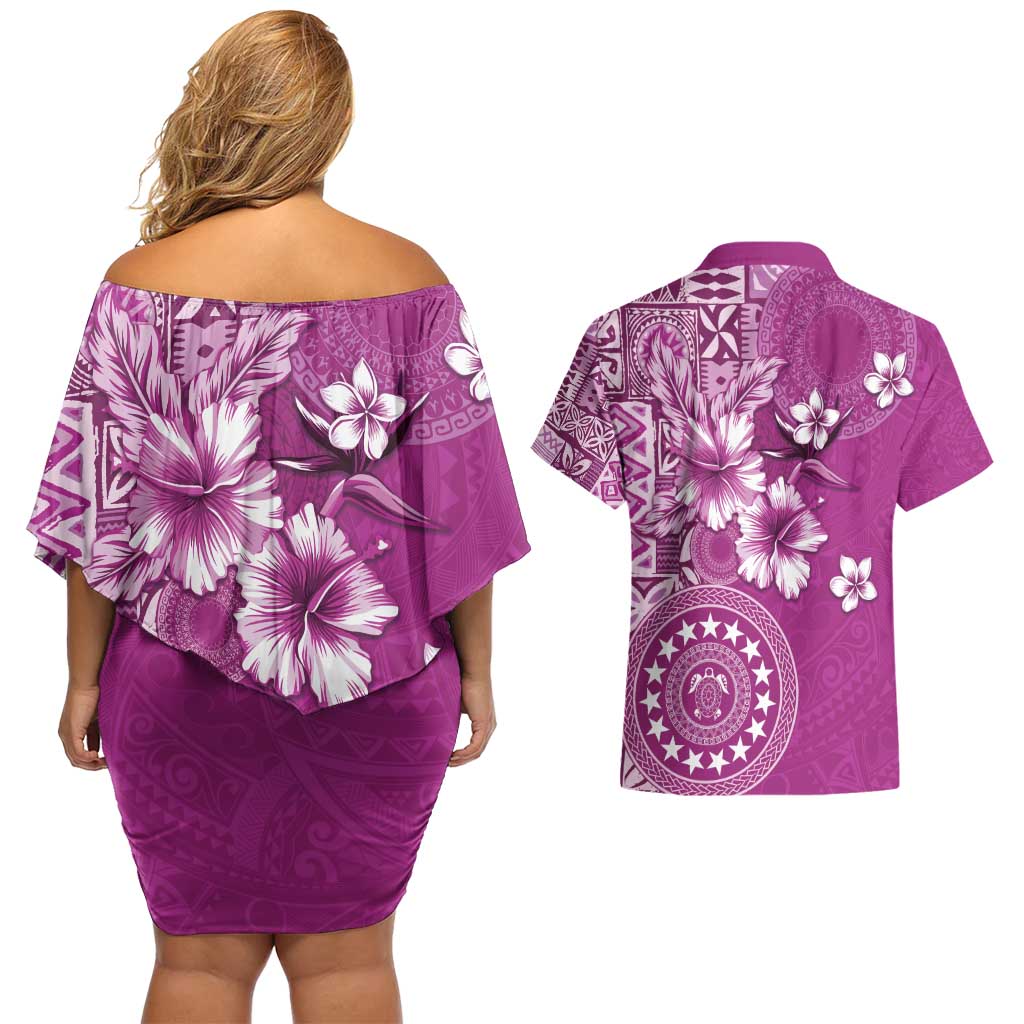 Cook Islands Couples Matching Off Shoulder Short Dress and Hawaiian Shirt Fandango Hibiscus And Stars LT05 - Polynesian Pride