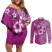 Cook Islands Couples Matching Off Shoulder Short Dress and Long Sleeve Button Shirt Fandango Hibiscus And Stars LT05 Fandango - Polynesian Pride
