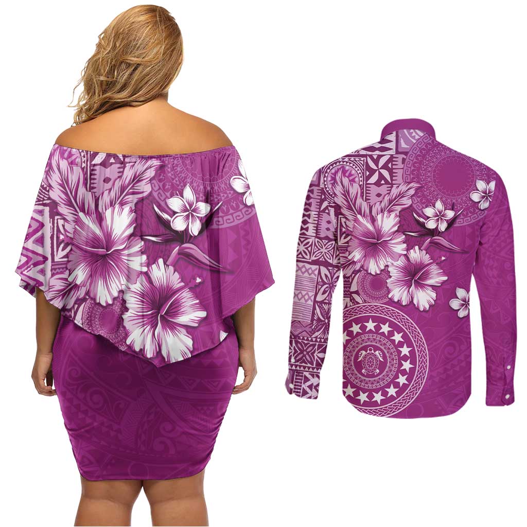 Cook Islands Couples Matching Off Shoulder Short Dress and Long Sleeve Button Shirt Fandango Hibiscus And Stars LT05 - Polynesian Pride