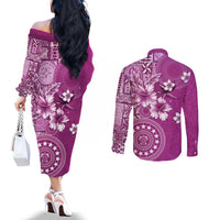 Cook Islands Couples Matching Off The Shoulder Long Sleeve Dress and Long Sleeve Button Shirt Fandango Hibiscus And Stars LT05 - Polynesian Pride