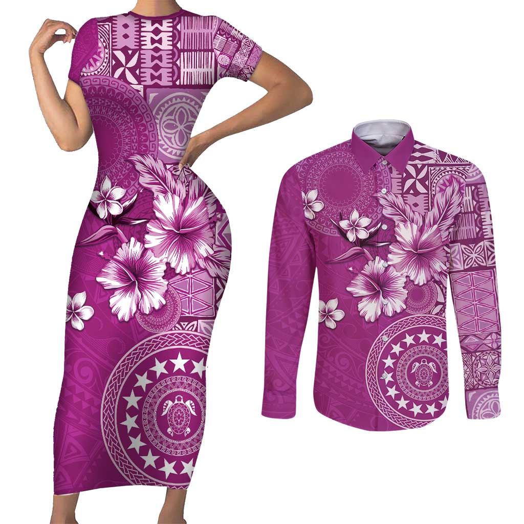 Cook Islands Couples Matching Short Sleeve Bodycon Dress and Long Sleeve Button Shirt Fandango Hibiscus And Stars LT05 Fandango - Polynesian Pride