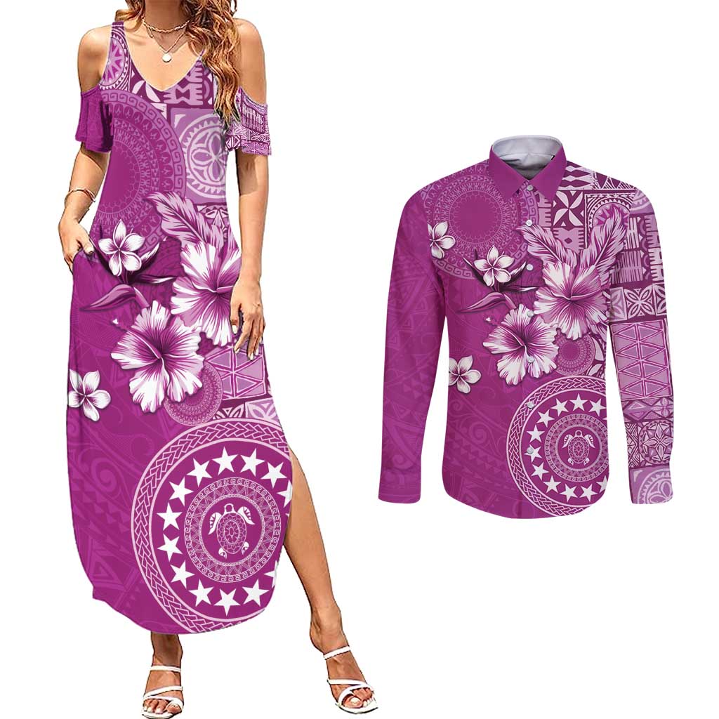 Cook Islands Couples Matching Summer Maxi Dress and Long Sleeve Button Shirt Fandango Hibiscus And Stars LT05 Fandango - Polynesian Pride