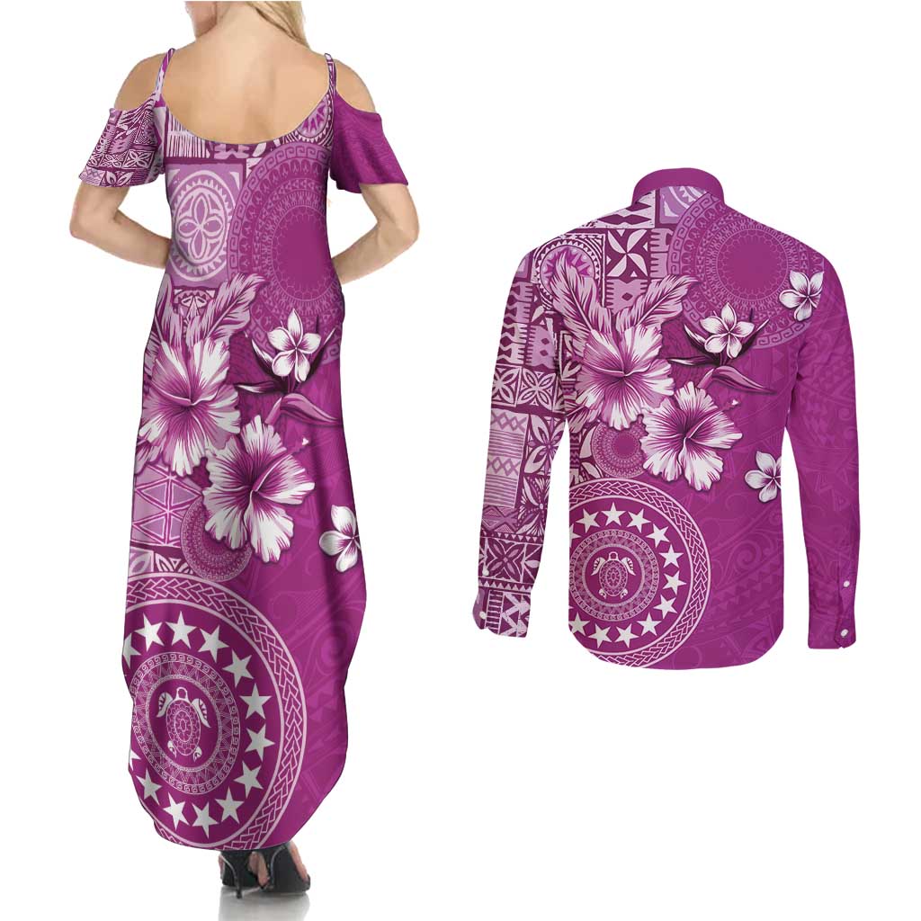 Cook Islands Couples Matching Summer Maxi Dress and Long Sleeve Button Shirt Fandango Hibiscus And Stars LT05 - Polynesian Pride