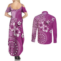 Cook Islands Couples Matching Summer Maxi Dress and Long Sleeve Button Shirt Fandango Hibiscus And Stars LT05 - Polynesian Pride