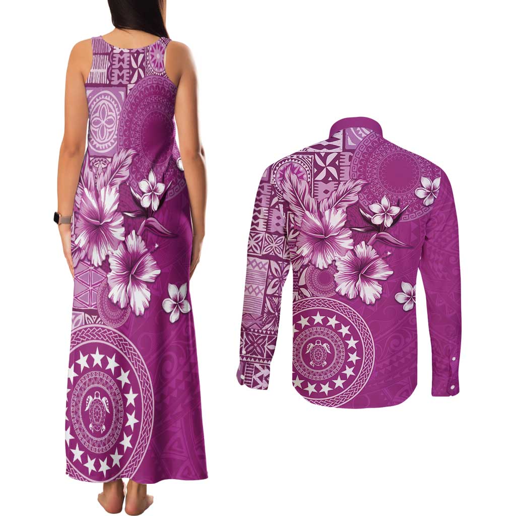 Cook Islands Couples Matching Tank Maxi Dress and Long Sleeve Button Shirt Fandango Hibiscus And Stars LT05 - Polynesian Pride