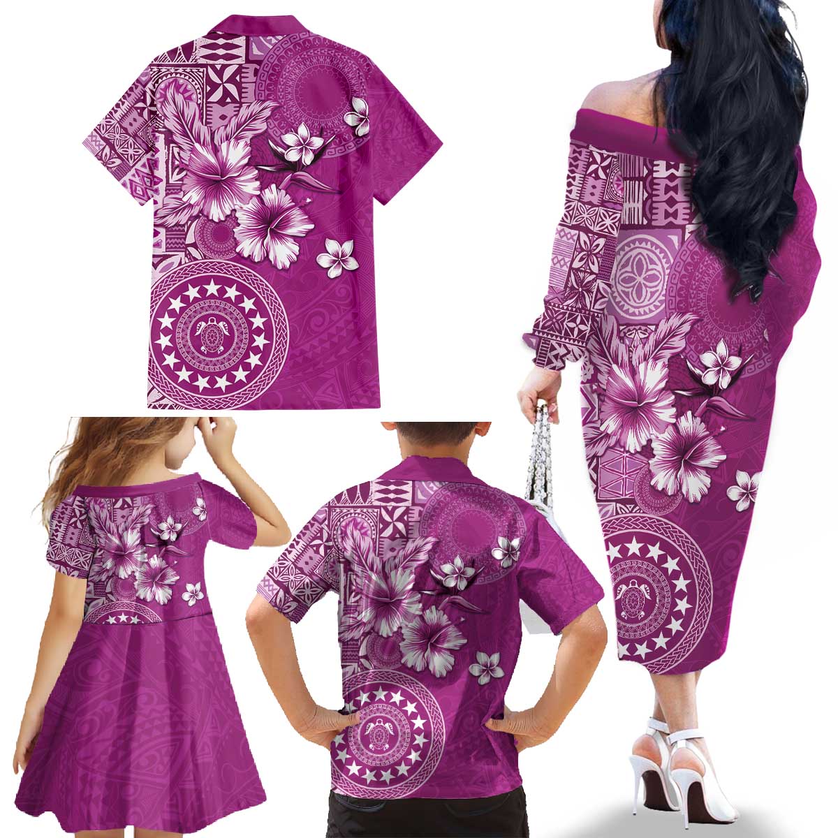 Cook Islands Family Matching Off The Shoulder Long Sleeve Dress and Hawaiian Shirt Fandango Hibiscus And Stars