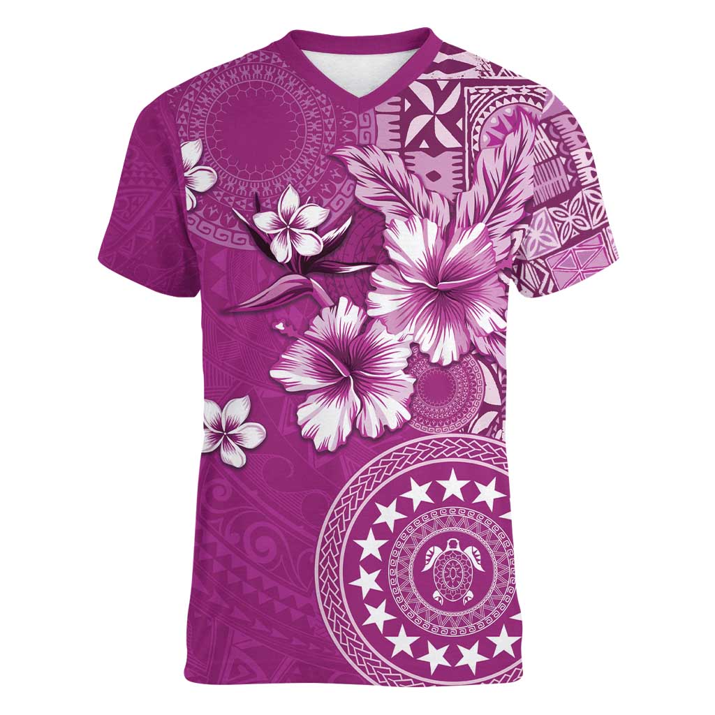 Cook Islands Women V-Neck T-Shirt Fandango Hibiscus And Stars LT05 Female Fandango - Polynesian Pride