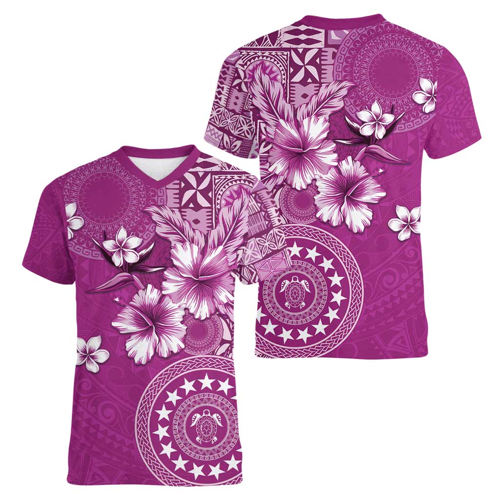 Cook Islands Women V-Neck T-Shirt Fandango Hibiscus And Stars LT05 - Polynesian Pride