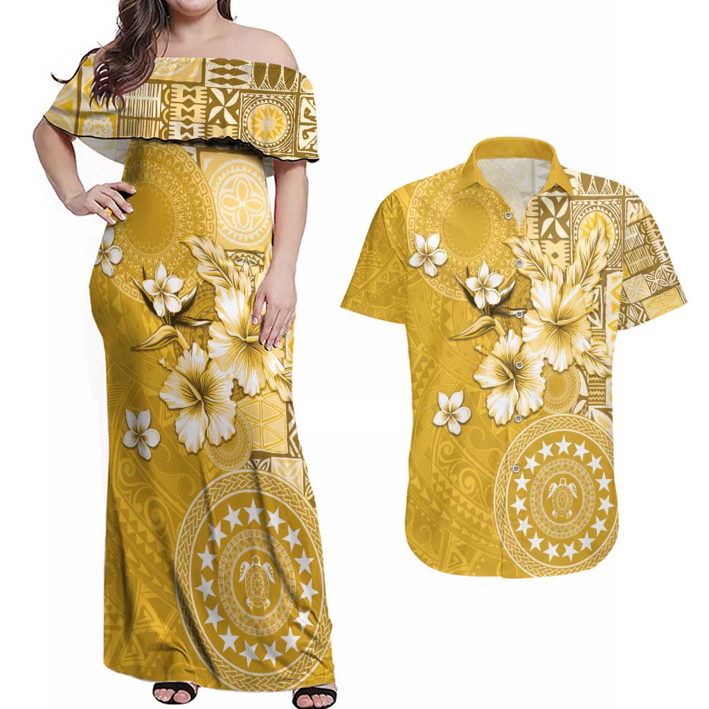 Cook Islands Couples Matching Off Shoulder Maxi Dress and Hawaiian Shirt Yellow Hibiscus And Stars LT05 Yellow - Polynesian Pride