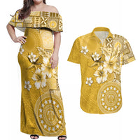 Cook Islands Couples Matching Off Shoulder Maxi Dress and Hawaiian Shirt Yellow Hibiscus And Stars LT05 Yellow - Polynesian Pride