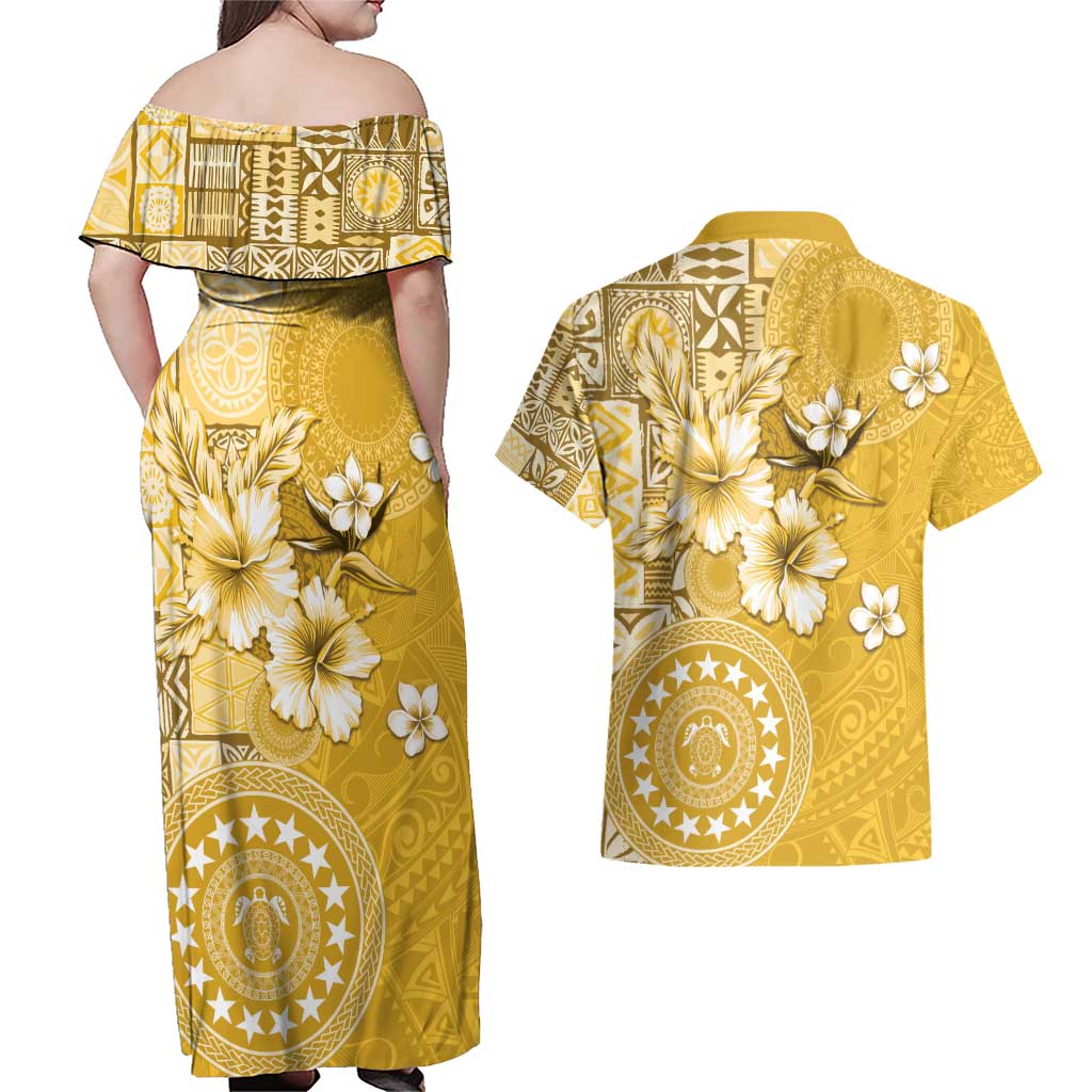 Cook Islands Couples Matching Off Shoulder Maxi Dress and Hawaiian Shirt Yellow Hibiscus And Stars LT05 - Polynesian Pride