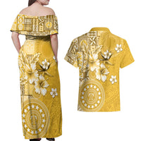 Cook Islands Couples Matching Off Shoulder Maxi Dress and Hawaiian Shirt Yellow Hibiscus And Stars LT05 - Polynesian Pride