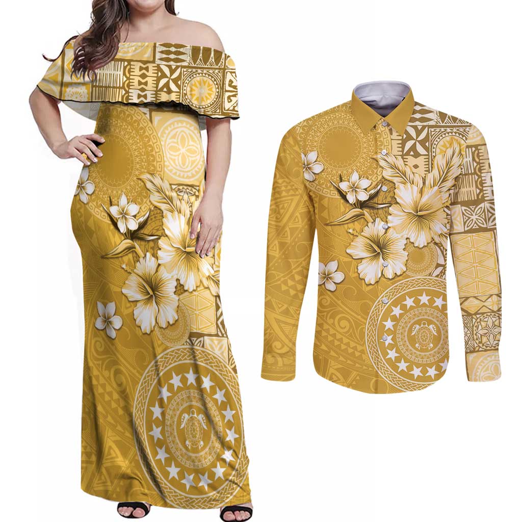 Cook Islands Couples Matching Off Shoulder Maxi Dress and Long Sleeve Button Shirt Yellow Hibiscus And Stars LT05 Yellow - Polynesian Pride