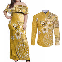 Cook Islands Couples Matching Off Shoulder Maxi Dress and Long Sleeve Button Shirt Yellow Hibiscus And Stars LT05 Yellow - Polynesian Pride