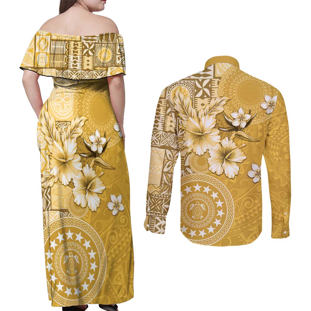 Cook Islands Couples Matching Off Shoulder Maxi Dress and Long Sleeve Button Shirt Yellow Hibiscus And Stars LT05 - Polynesian Pride