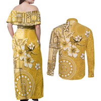 Cook Islands Couples Matching Off Shoulder Maxi Dress and Long Sleeve Button Shirt Yellow Hibiscus And Stars LT05 - Polynesian Pride