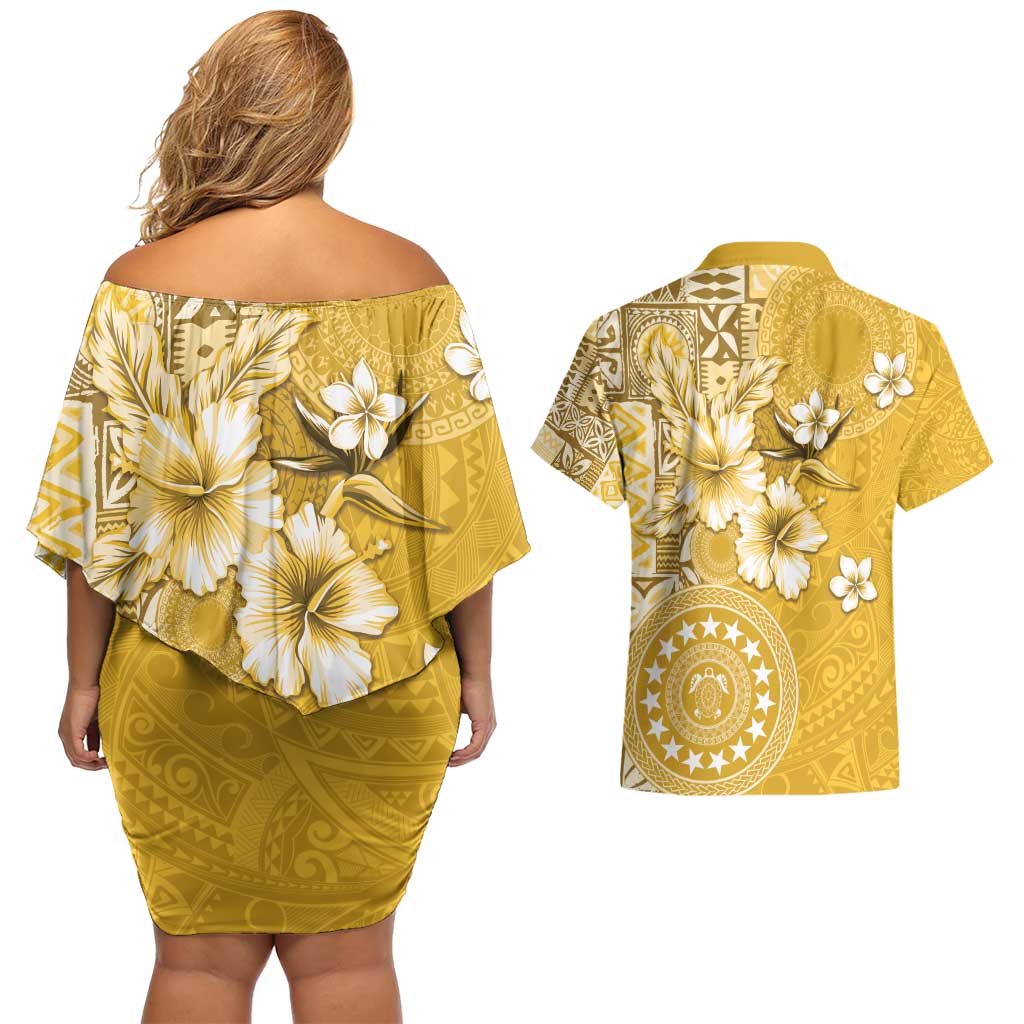 Cook Islands Couples Matching Off Shoulder Short Dress and Hawaiian Shirt Yellow Hibiscus And Stars LT05 - Polynesian Pride