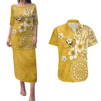Cook Islands Couples Matching Puletasi and Hawaiian Shirt Yellow Hibiscus And Stars LT05 Yellow - Polynesian Pride