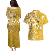 Cook Islands Couples Matching Puletasi and Hawaiian Shirt Yellow Hibiscus And Stars LT05 - Polynesian Pride