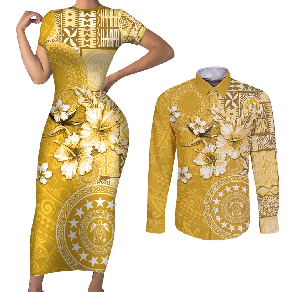 Cook Islands Couples Matching Short Sleeve Bodycon Dress and Long Sleeve Button Shirt Yellow Hibiscus And Stars LT05 Yellow - Polynesian Pride