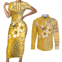 Cook Islands Couples Matching Short Sleeve Bodycon Dress and Long Sleeve Button Shirt Yellow Hibiscus And Stars LT05 Yellow - Polynesian Pride