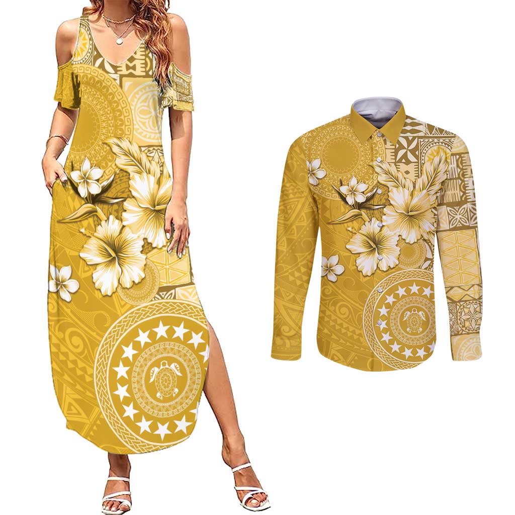 Cook Islands Couples Matching Summer Maxi Dress and Long Sleeve Button Shirt Yellow Hibiscus And Stars LT05 Yellow - Polynesian Pride