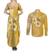 Cook Islands Couples Matching Summer Maxi Dress and Long Sleeve Button Shirt Yellow Hibiscus And Stars LT05 - Polynesian Pride