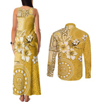 Cook Islands Couples Matching Tank Maxi Dress and Long Sleeve Button Shirt Yellow Hibiscus And Stars LT05 - Polynesian Pride
