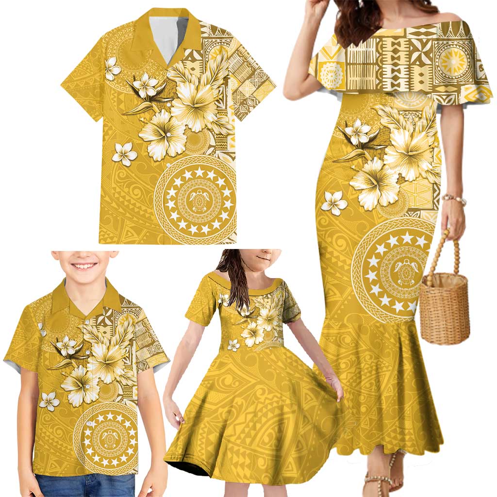 Cook Islands Family Matching Mermaid Dress and Hawaiian Shirt Yellow Hibiscus And Stars LT05 - Polynesian Pride