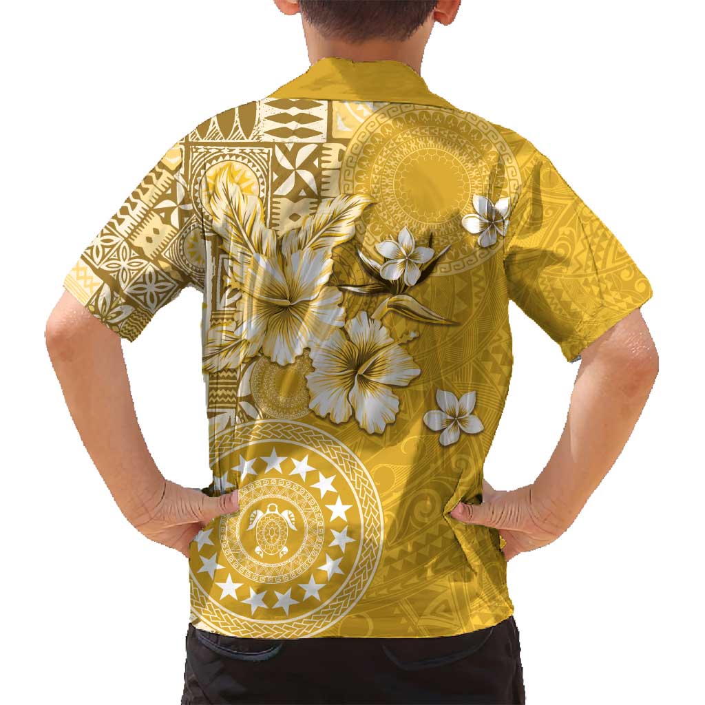 Cook Islands Family Matching Off Shoulder Maxi Dress and Hawaiian Shirt Yellow Hibiscus And Stars