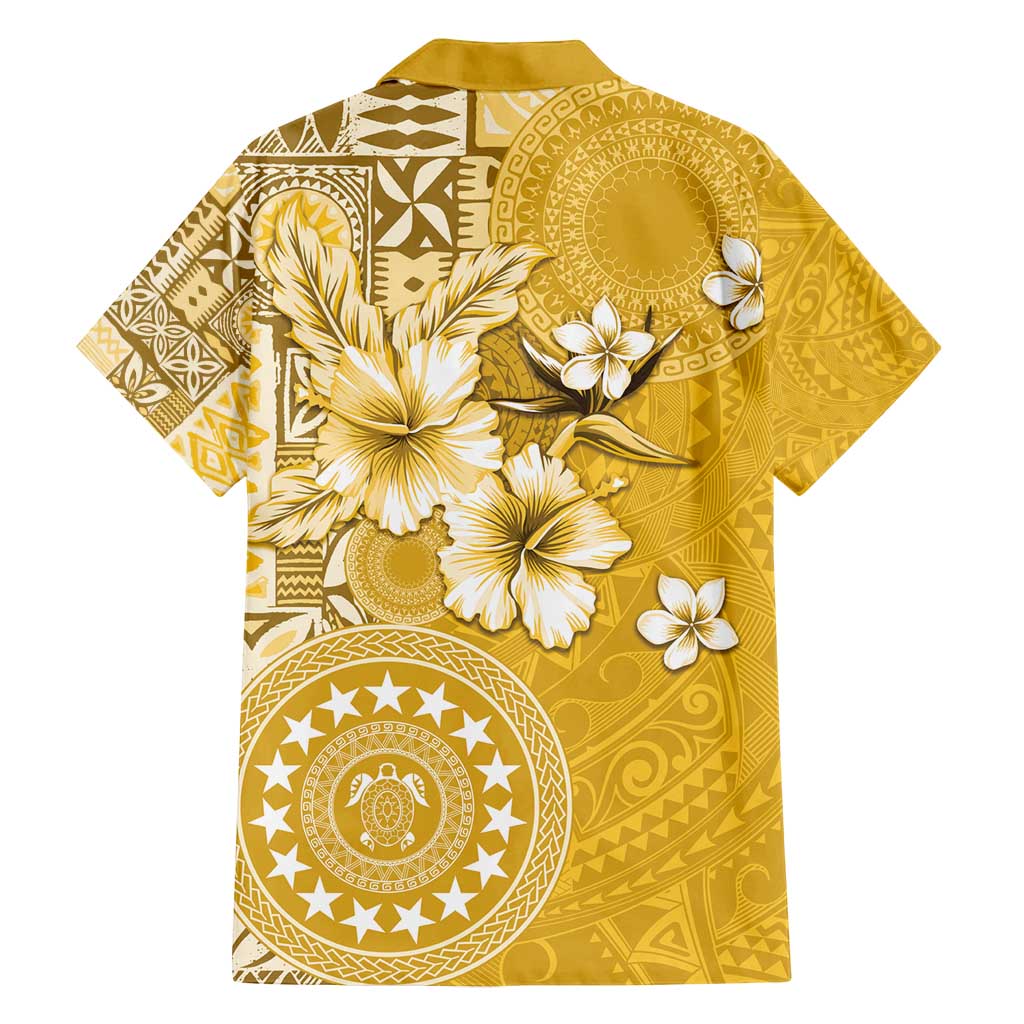 Cook Islands Family Matching Off Shoulder Short Dress and Hawaiian Shirt Yellow Hibiscus And Stars LT05 - Polynesian Pride