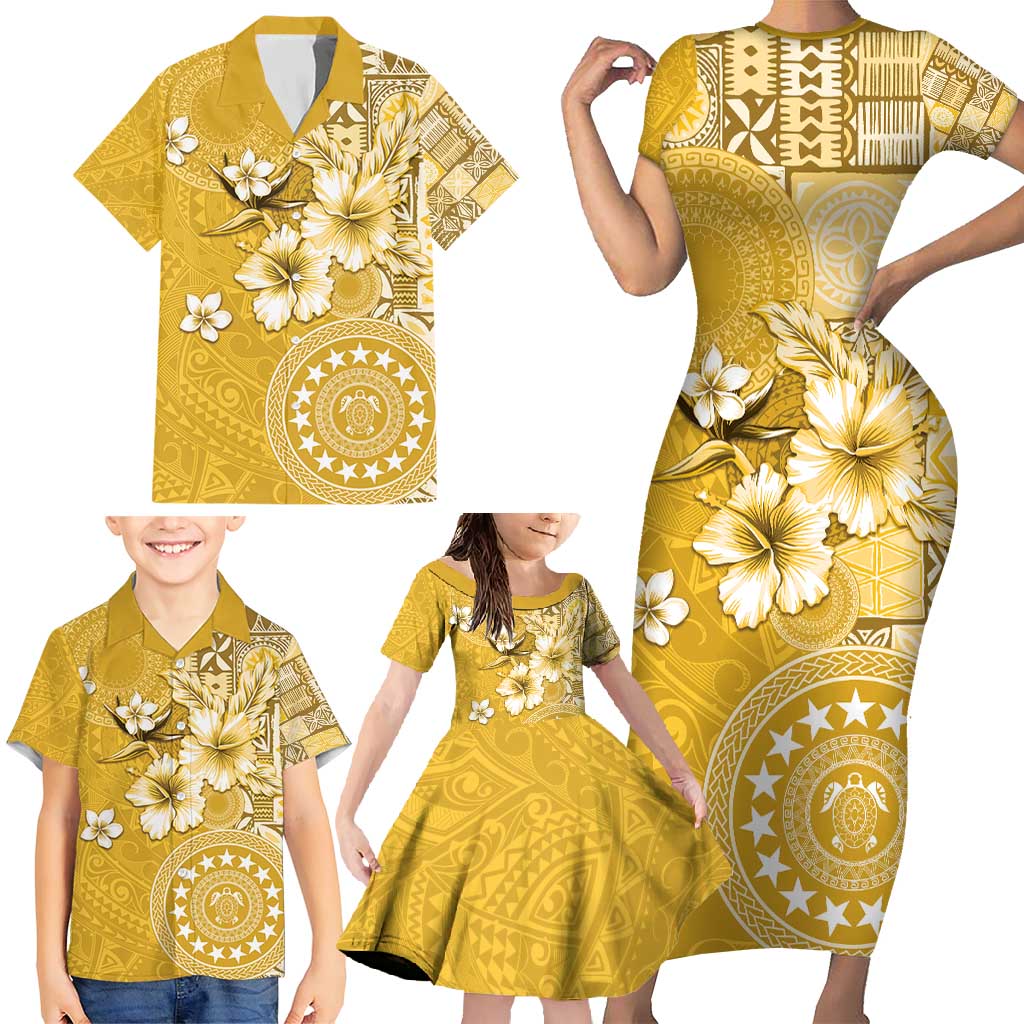 Cook Islands Family Matching Short Sleeve Bodycon Dress and Hawaiian Shirt Yellow Hibiscus And Stars LT05 - Polynesian Pride