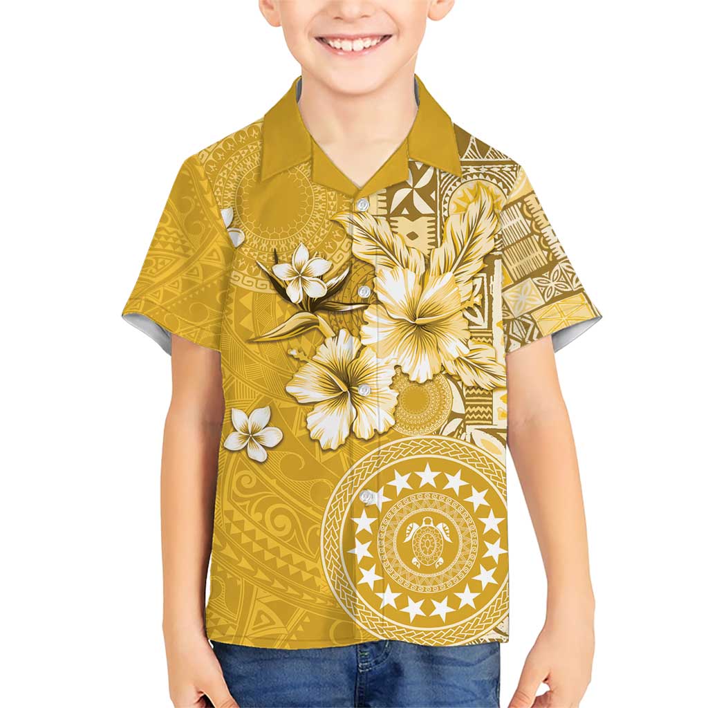 Cook Islands Family Matching Short Sleeve Bodycon Dress and Hawaiian Shirt Yellow Hibiscus And Stars LT05 Son's Shirt Yellow - Polynesian Pride