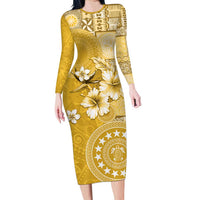 Cook Islands Long Sleeve Bodycon Dress Yellow Hibiscus And Stars