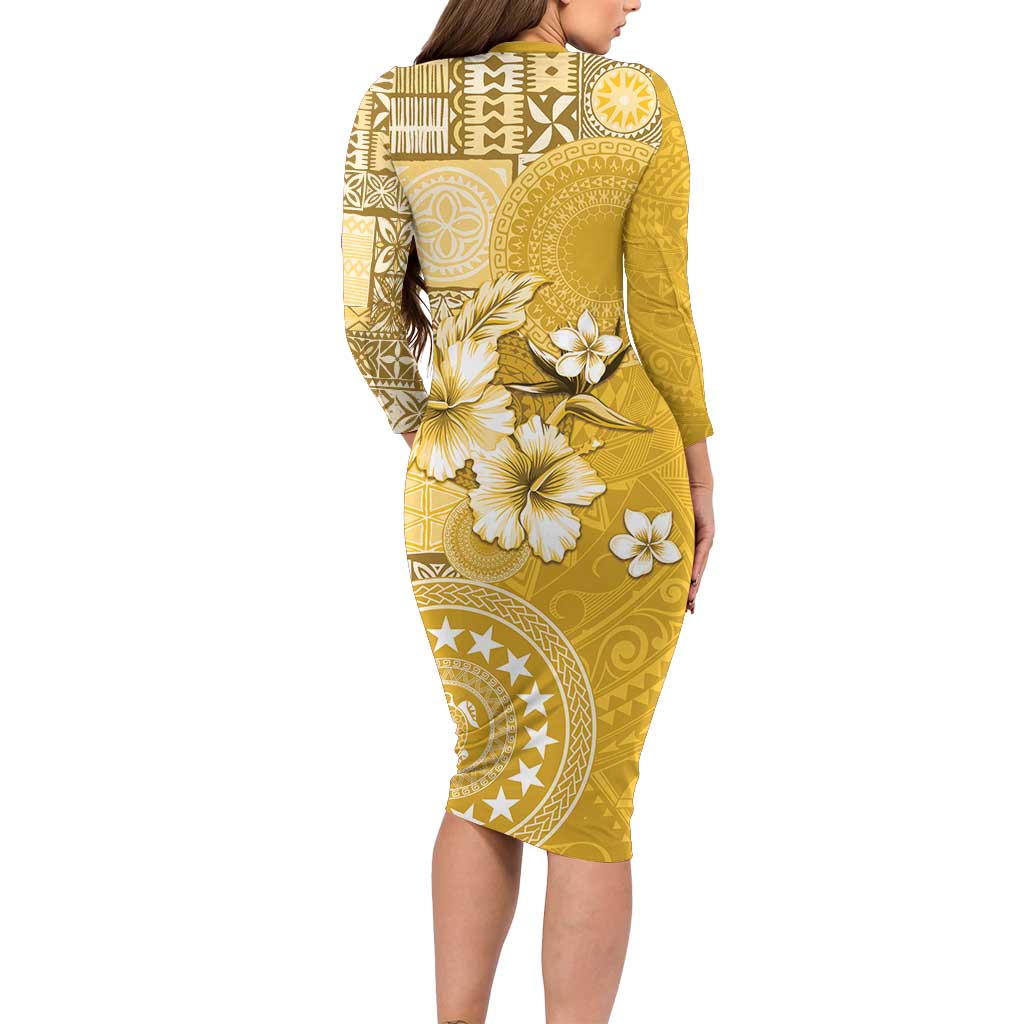 Cook Islands Long Sleeve Bodycon Dress Yellow Hibiscus And Stars