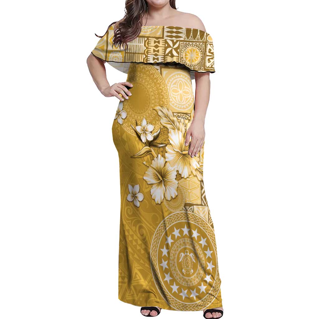 Cook Islands Off Shoulder Maxi Dress Yellow Hibiscus And Stars