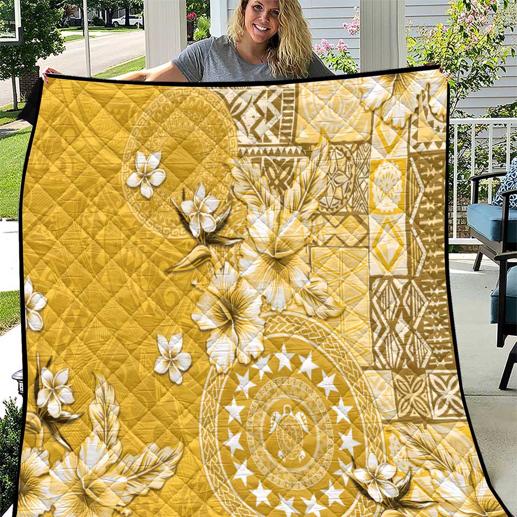 Cook Islands Quilt Yellow Hibiscus And Stars LT05 Yellow - Polynesian Pride