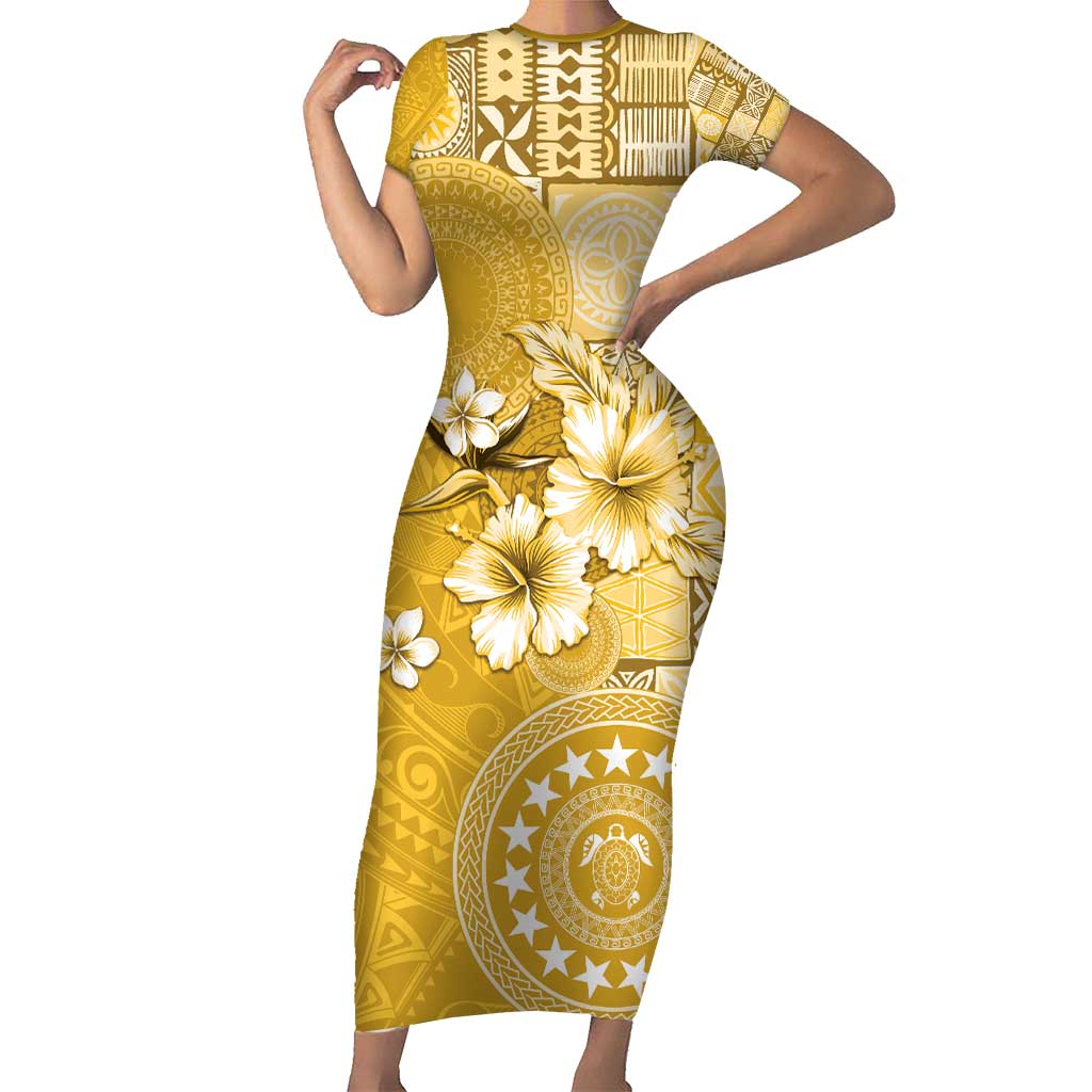 Cook Islands Short Sleeve Bodycon Dress Yellow Hibiscus And Stars