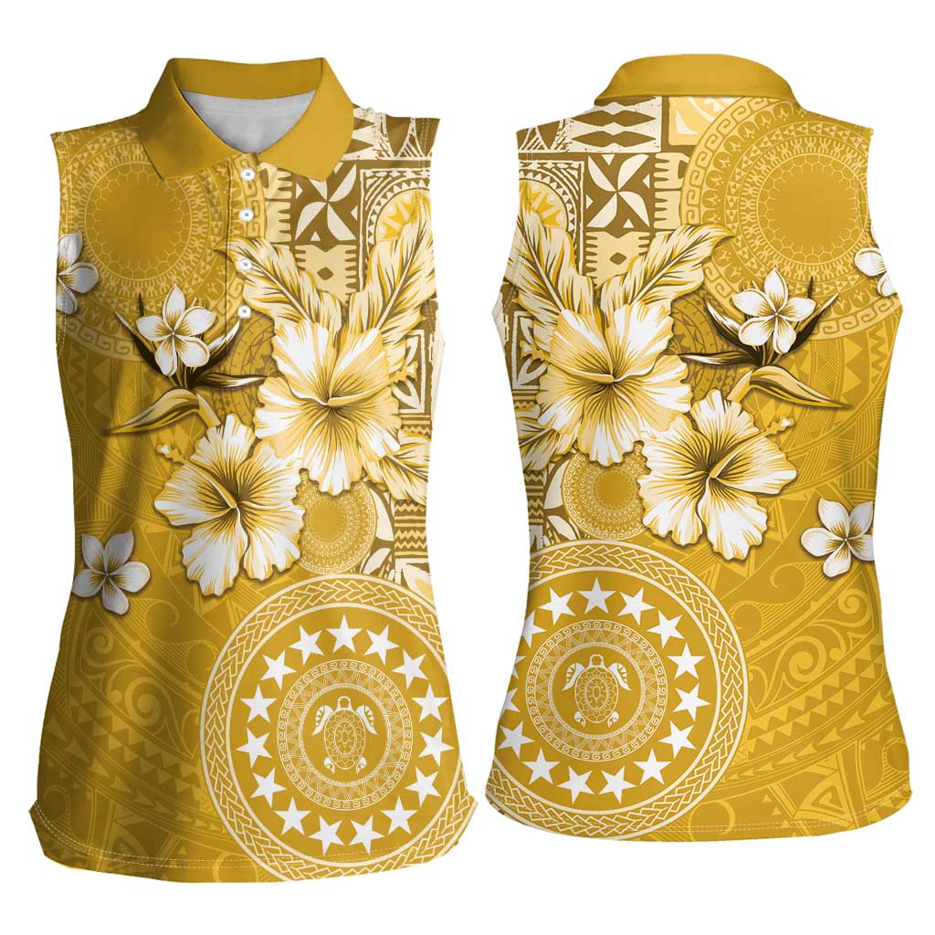 Cook Islands Women Sleeveless Polo Shirt Yellow Hibiscus And Stars LT05 - Polynesian Pride
