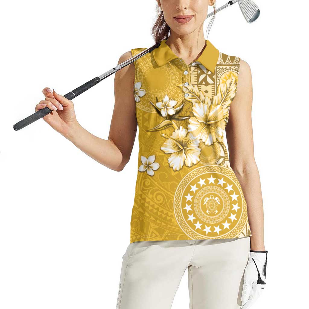Cook Islands Women Sleeveless Polo Shirt Yellow Hibiscus And Stars LT05 - Polynesian Pride