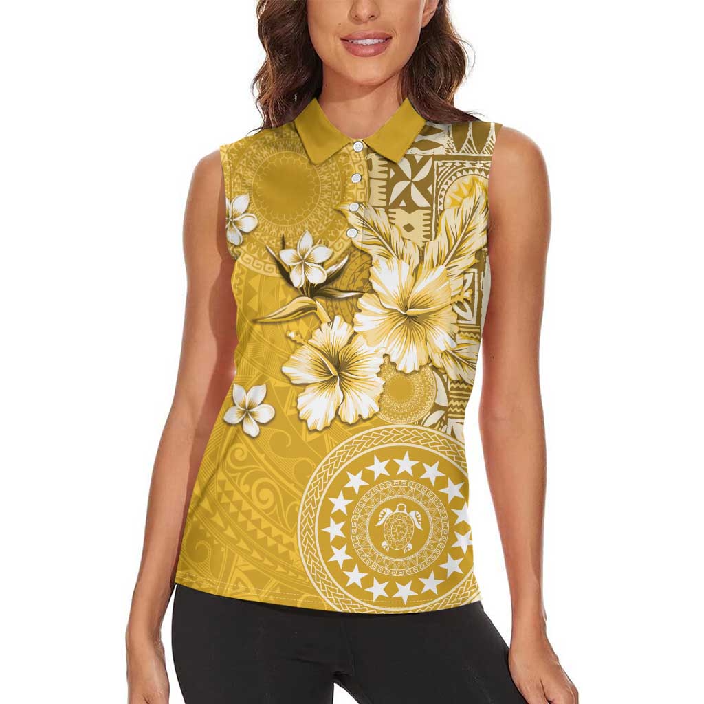Cook Islands Women Sleeveless Polo Shirt Yellow Hibiscus And Stars LT05 - Polynesian Pride