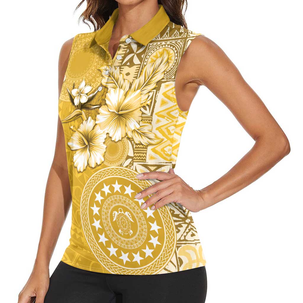 Cook Islands Women Sleeveless Polo Shirt Yellow Hibiscus And Stars LT05 - Polynesian Pride